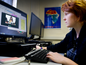 Student participating in an online video conference session.