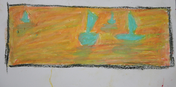 Drawing focusing on colour of boats at Conwy Harbour