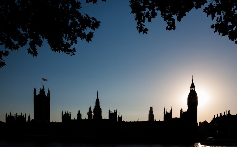 A twilight view of the Houses of Parliament