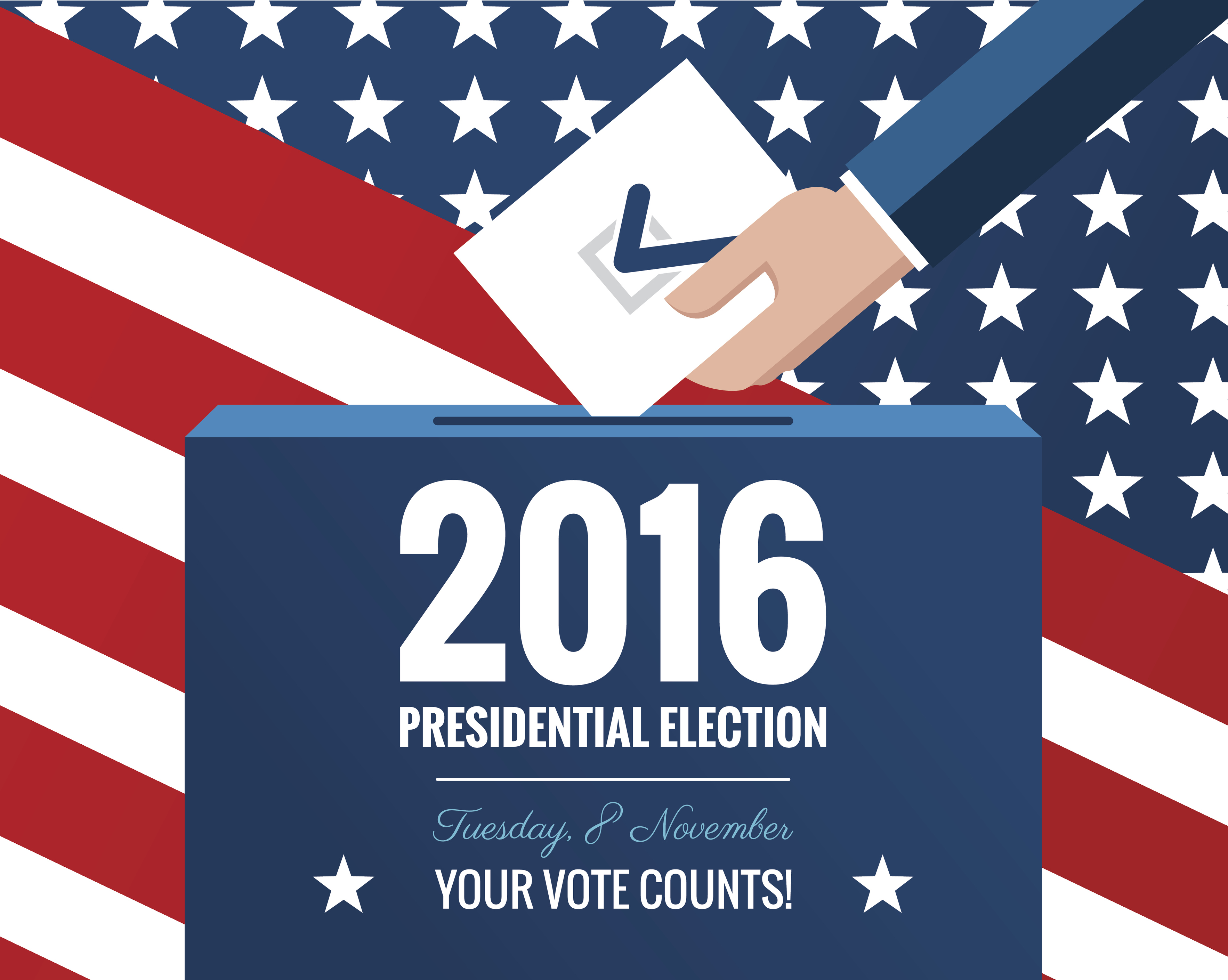 Presidential election banner background. US Presidential election 2016. Hand putting voting paper in the ballot box with american flag on background.  Flat design, vector illustration.