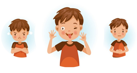 3 images of a boy, one upset, one pulling his tongue out his mouth and one looking sad.