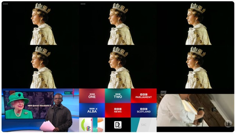Figure 1: Screenshot of a YouTube video "BBC TV Channels & S4C - 1830BST 8th September 2022 - Announcing the Death of Queen Elizabeth II", showing how various BBC channels announced Queen's death. Original Poster: David Lin