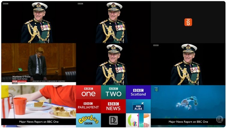 Figure 2: Screenshot of a YouTube video "BBC TV Channels - 1208BST Friday 9th April 2021 - Announcing the Death of Duke of Edinburgh", showing how various BBC channels announced Prince Phillip's death. Original Poster: David Lin