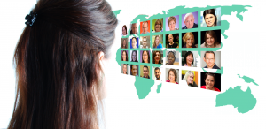 Person looking at image of people-overlay and world map.