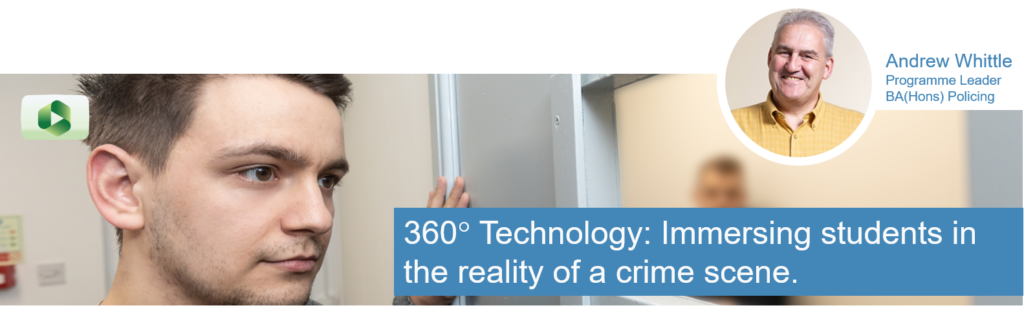 Student (Police Officer) peering into the Crime House mock cell containing a student playing the part of a prisoner.  Andrew Whittle is pictured in the scene.  The caption says "360-degree technology: Immersing students in the reality of a crime scene.  