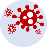 Corona Virus - Covid-19.  Four circular cells with protruding blob like tentacles seemingly floating in a fluid.