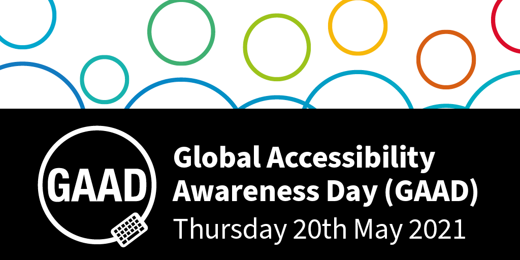 Global Accessibility Awareness Day graphic of brightly coloured nondescript line drawings of people.