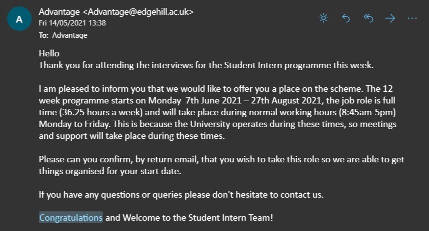 Screenshot of congratulatory email offering the role of Student Intern. 