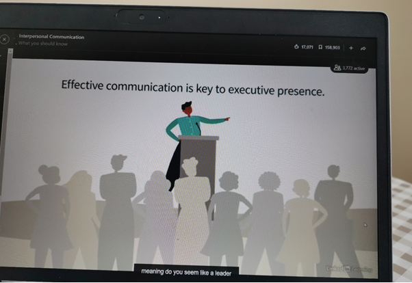 An image showing some of the Linked in course Interpersonal communication course. It says Effective communication is key to executive presence, meaning do you seem like a leader.