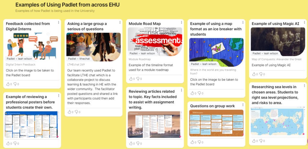 Examples of Using Padlet from across EHU https://edgehill.padlet.org/leahwilson4/examples-of-using-padlet-from-across-ehu-v7gnssqpik3rj84k