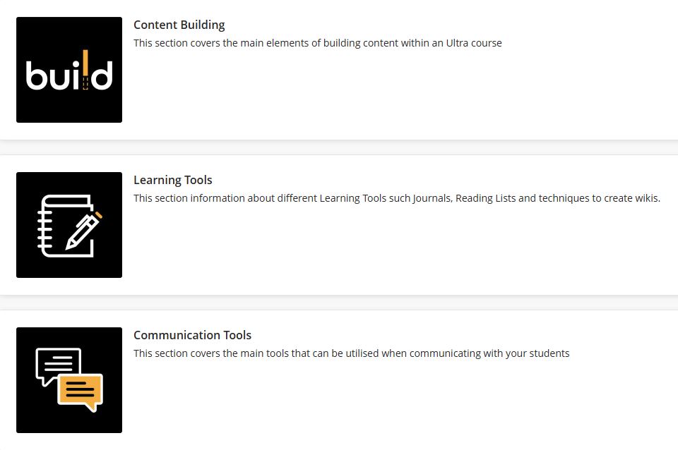 The course has lots of sections such as Content Building, Learning Tools and Communications Tools.