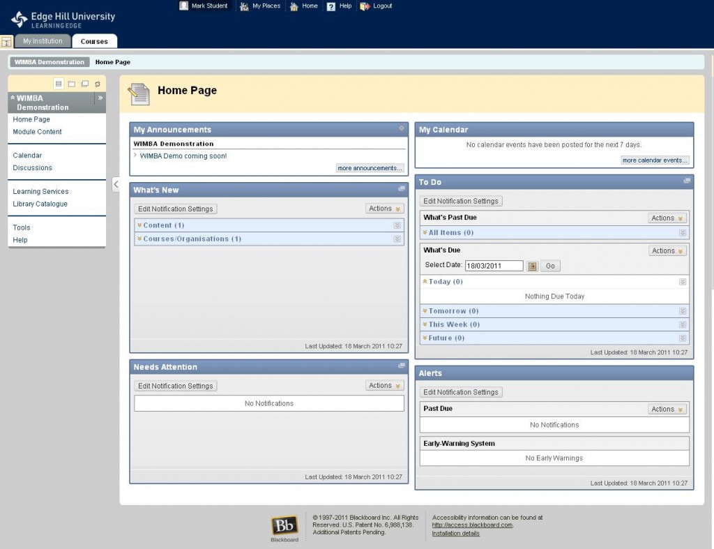 Bb9.1 Course Home Page screen capture