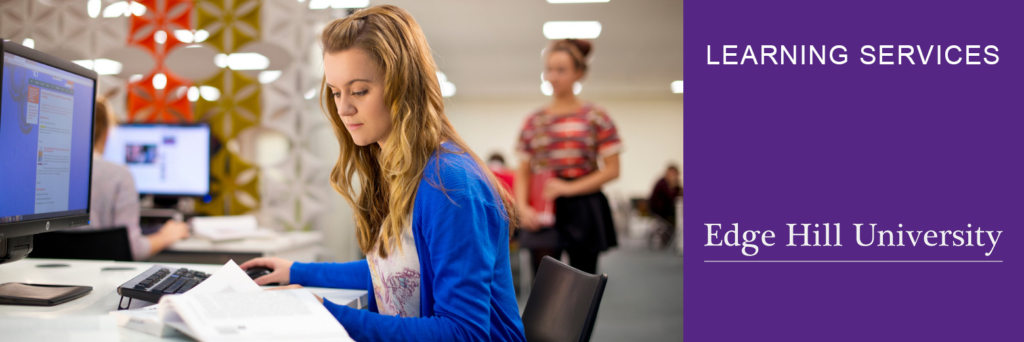 Student studying, Edge Hill and Learning Services logo.