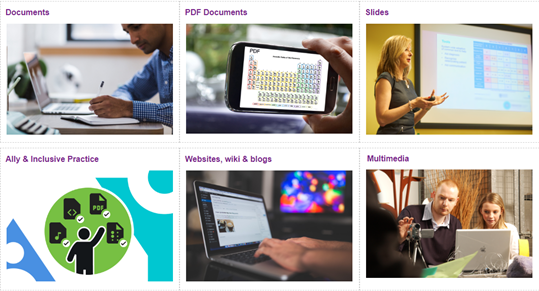 Image shows the different sections of information that the Wiki covers. This includes documents, PDF documents, Slides, Ally & Inclusive Practice, Websites, wikis and blogs and Multimedia.