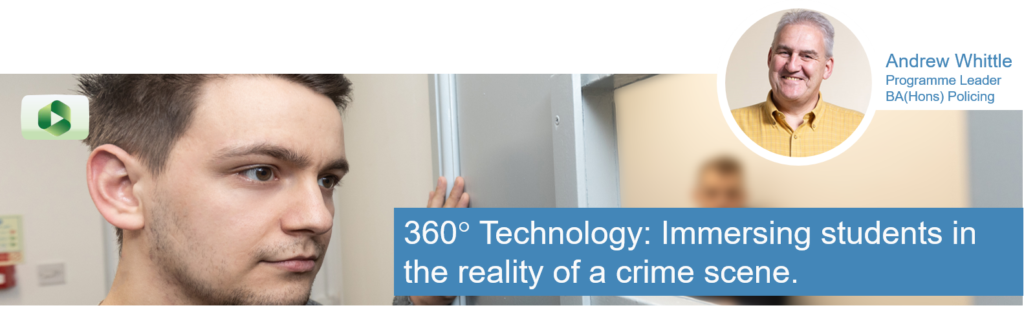 Student (Police Officer) peering into the Crime House mock cell containing a student playing the part of a prisoner. Andrew Whittle is pictured in the scene. The caption says "360-degree technology: Immersing students in the reality of a crime scene.