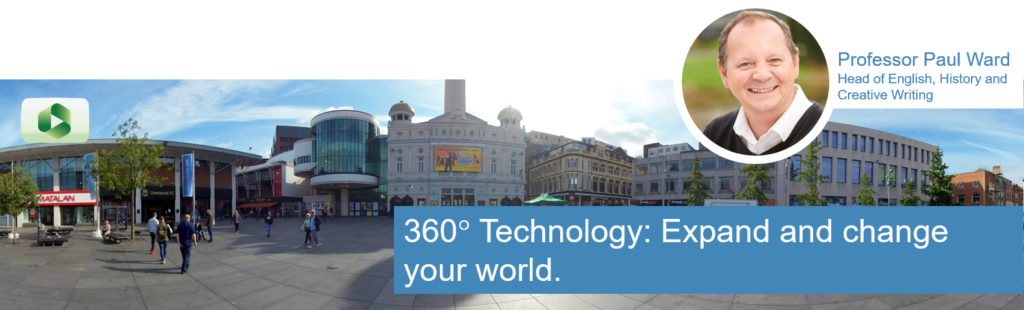 360 view of Williamson Square Liverpool, Professor Paul Ward pictured in the scene, The caption says "360 degree technology: Expand and change your world".