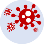 Corona Virus - Covid-19. Four circular cells with protruding blob like tentacles seemingly floating in a fluid.