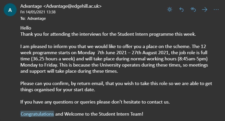Screenshot of congratulatory email offering the role of Student Intern.