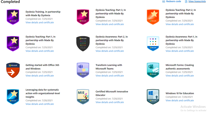 Screenshot of badges achieved on Microsoft 