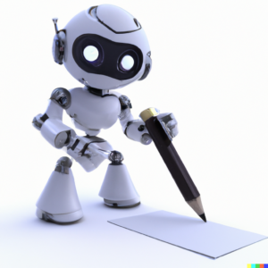 3D render of a helpful robot writing
