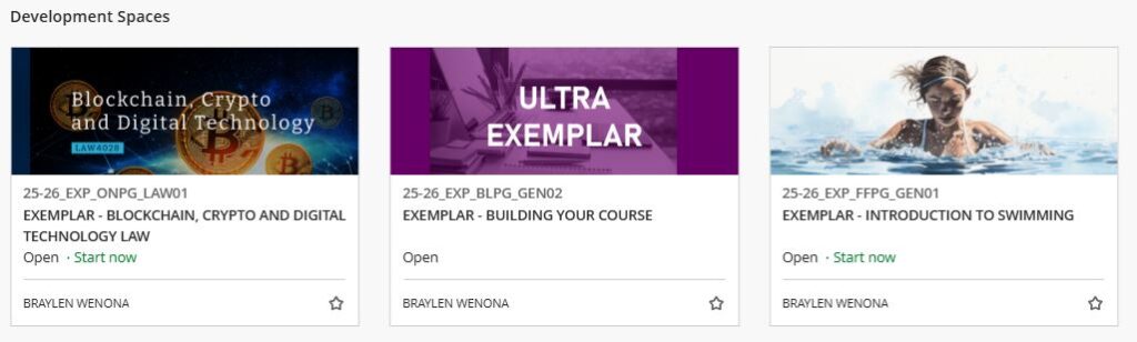 Three Development Spaces have been created, Introduction to Swimming, Building Your Course
Blockchain, Crypto and Digital Technology Law