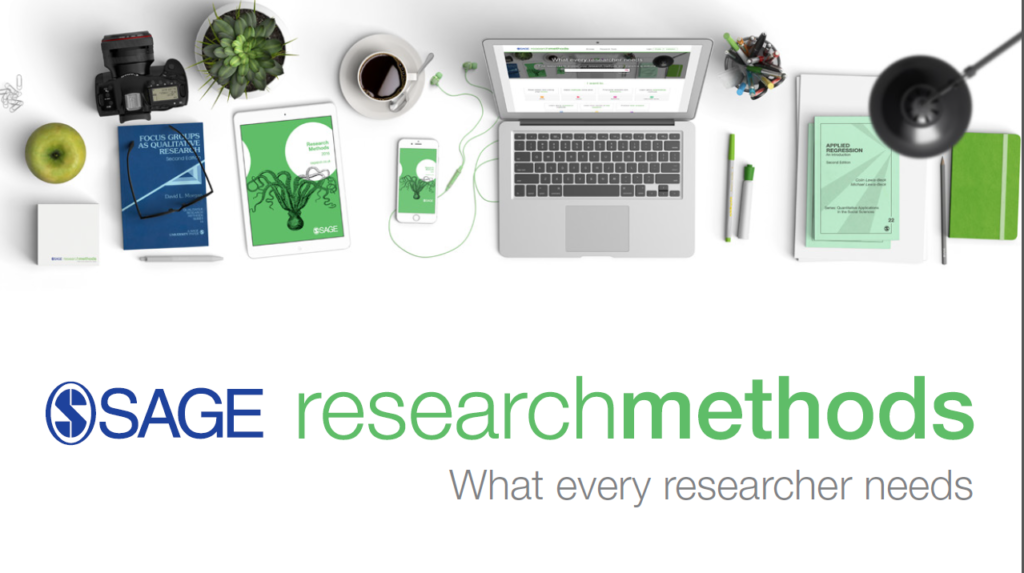 An image for Sage Research Methods. In the image, a laptop, books and other items can be seen. The slogan reads 'what every researcher needs'. 