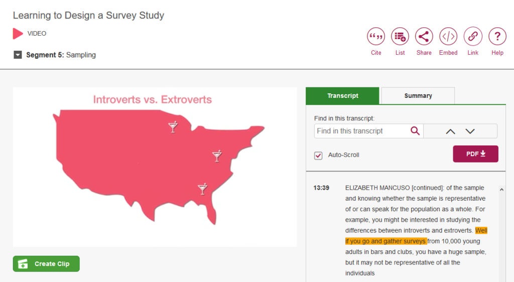 An example video called 'Learning to Design a Survey Study'