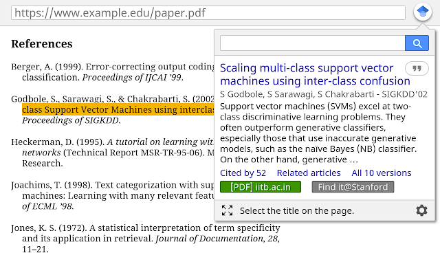 an image showing the Google Scholar Button in action. It shows how you can highlight text with the article title and Google Scholar will try to find a full text version for you. 