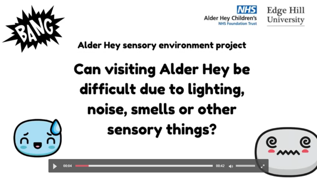 a screenshot from a video. The text reads, 'can visiting Alder Hey be difficult due to lighting, noise, smells, or other sensory things?'. There are a few cartoon images depicting nervousness and discomfort.