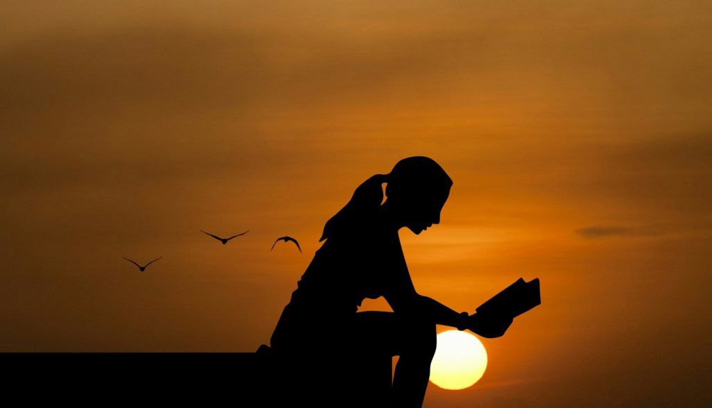 a female figure reads a book as the sun sets