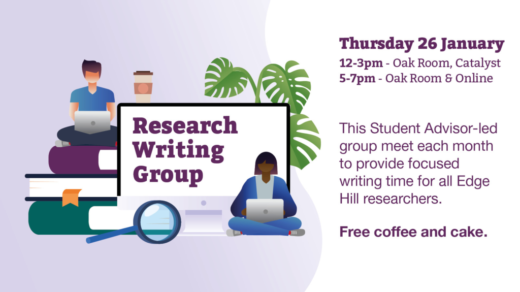 A poster for the Research Writing Group. It shows two figures sitting and typing on their laptops. There is also a big screen, a house plant, a cup of coffee and a pile of books.