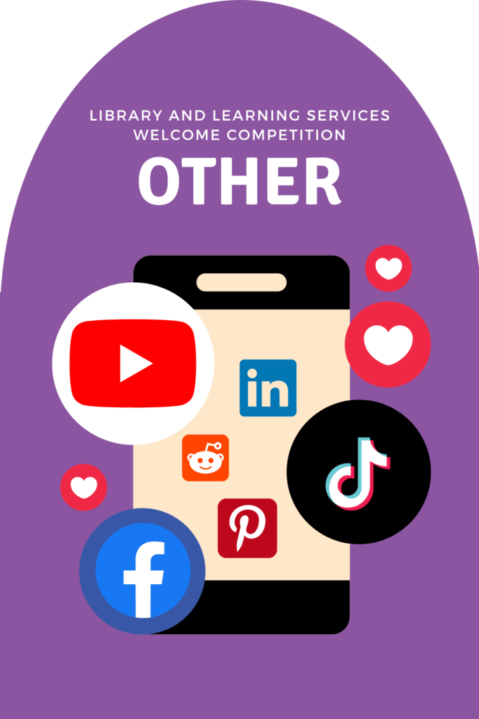 Example of the jar label for Other social media platforms. Purple background with You Tube, TikTok, Facebook, LinkedIn, Reddit and Pinterest logos displayed on and around a mobile phone with hearts representing likes.