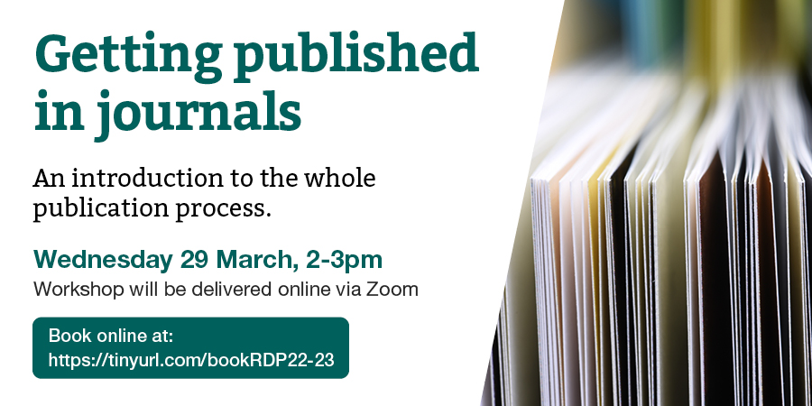 a poster promoting 'Getting published in journals' on 29 March at 2-3pm.