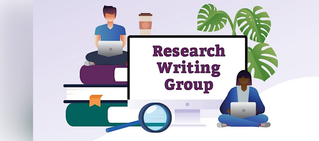 poster for research writing group, showing two figures working on laptops
