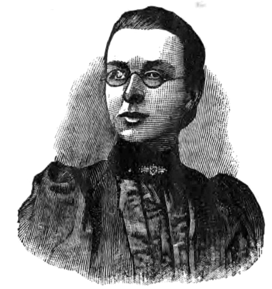A black and white drawing of a woman in a Victorian style dress with a high neck and voluminous sleeves. She has a brooch at her neck and is wearing round glasses. 