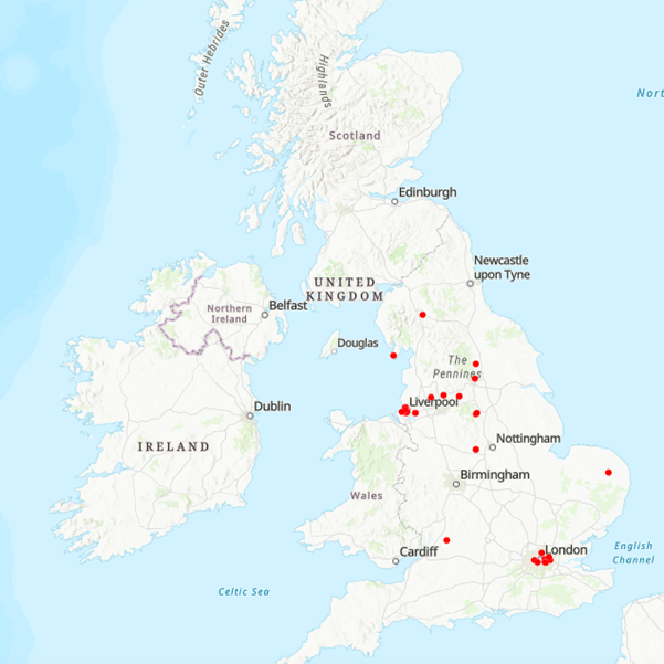 A digital map of the UK and Ireland with red dots plotting the locations of different students. They is a high concentration of the dots around Liverpooland London, with others spread across the country. 