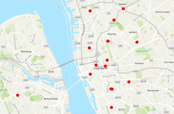 A digital map of Liverpool and the Wirral. They contain red dots which mark the location of students.