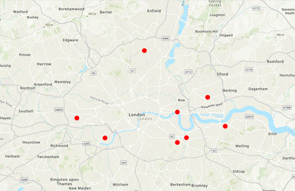 A digital map of London and the surrounding area. It contains red dots which mark the locations of different students. 