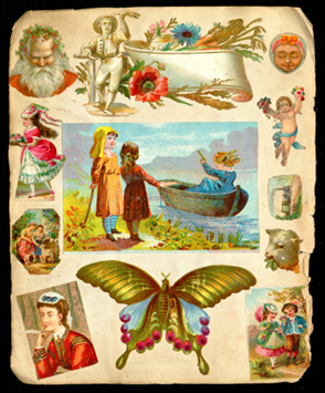 A page from a 19th Century scrapbook whose pages have become darkened and ripped towards the edges. There is a colourful image in the centre of the page of a child in a boat with two other children stood on the shore. This image is encircled by twelve other smaller colourful images including the head of a Santa, a cherub, a moth and a girl in a pink dress. All of the images are hand drawn and Victorian in appearance.