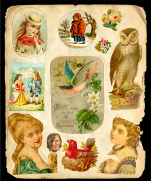 A page from a 19th Century scrapbook whose pages have become darkened and ripped towards the edges. There is a colourful image in the centre of the page of a blue bird in flight with a garland of leaves on its right hand side. This image is encircled by nine other smaller, colourful images. These images include a brown owl, a red bird in a nest and a variety of flowers. All of the images are hand drawn and Victorian in appearance. 