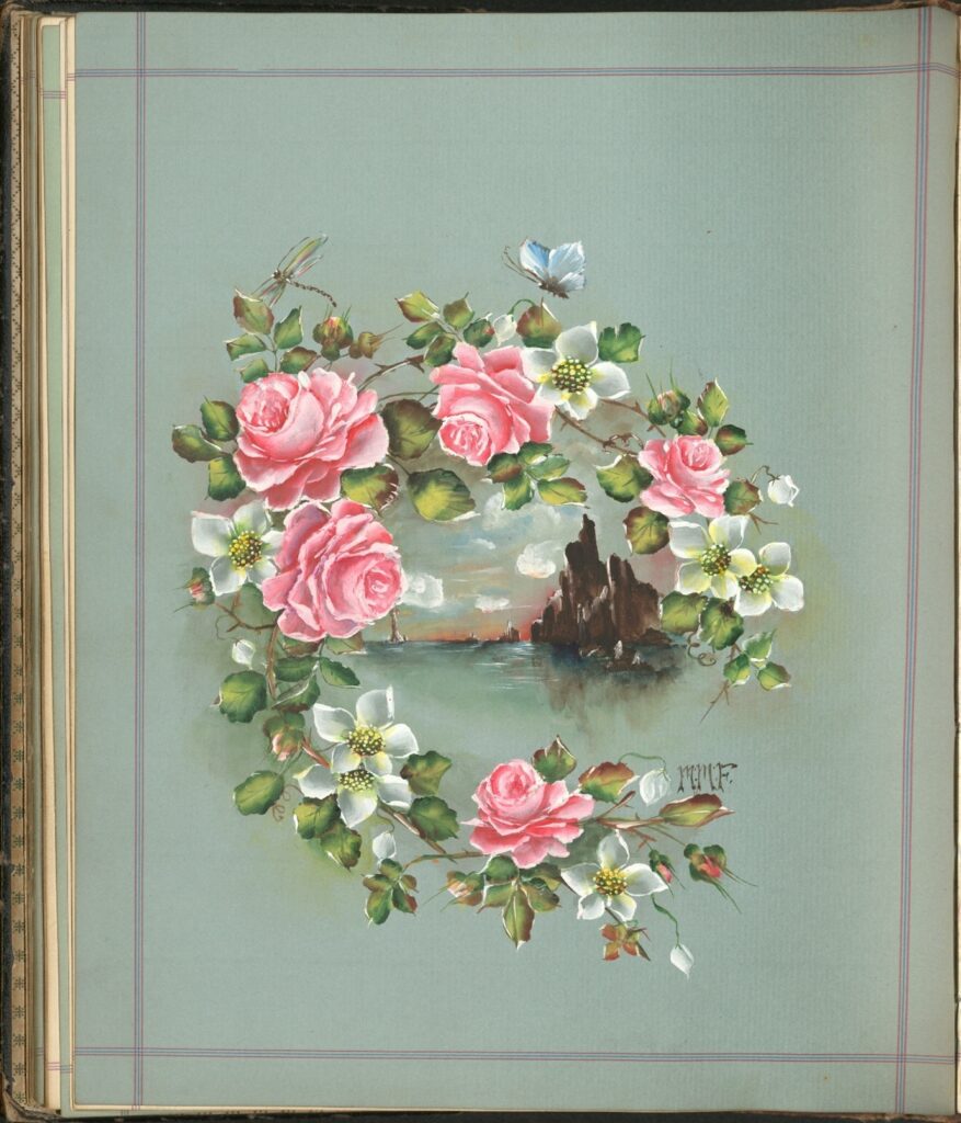A painting of a floral wreath of pink roses and small white flowers entwined with green leaves. There are insects such as butterflies and dragonflies on the wreath. In the centre of the wreath is a small landscape of the ocean and a rocky outcrop.