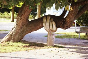 A well established tree growing over to one side being supported by a carved wooden hand.