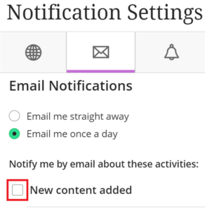 Screenshot of Notification Settings on Blackboard. This shows the option for an email update to be sent once a day. It also shows that the option to receive an email when new content is added is not selected. 
