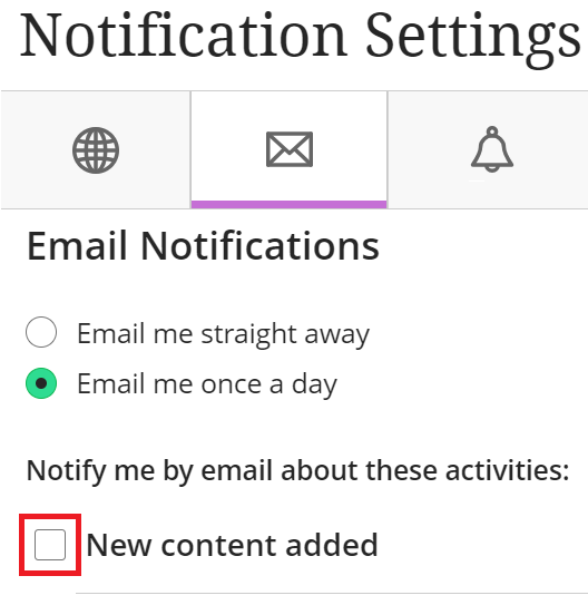 This screenshot shows the personal preferences screen for email notifications in Blackboard. The 'new content added' notification setting is highlighted in red.
