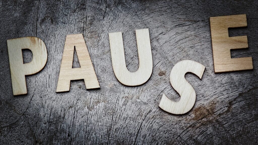 A piece of wood with the word 'pause' spelt out in wooden letters.