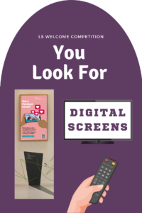 Vote option - you look for. Purple background with 3 digital screen related images including tv screen, digital wall and hand holding a remote control. Text reads' LS Welcome Competition at the top