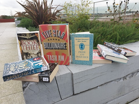 Display of fiction book on Catalyst roof garden.