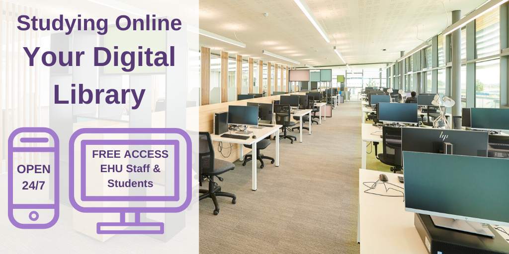 Image of Catalyst silent study room with text: Studying Online: Your Digital Library