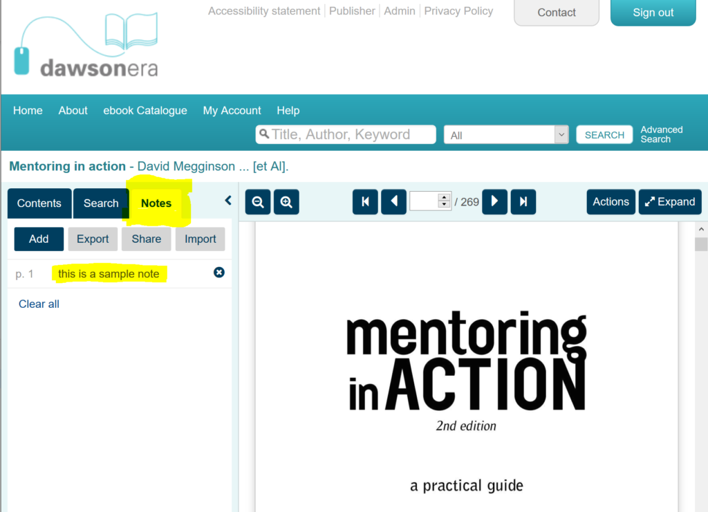 This is a screenshot of the Dawson Era platform, and displays the ebook 'Mentoring in Action'. On the left-hand menu, the area where notes are kept is highlighted. 