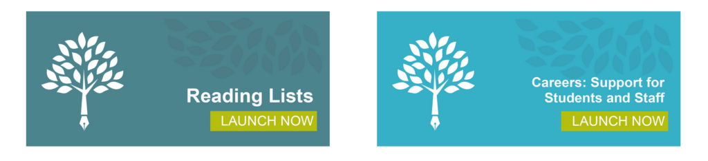 cover images for the two materials: 'Reading Lists' and 'Careers: Support for Students and Staff'. These illustrations use the image of a white tree on a coloured background with a trunk in the shape of a fountain pen.